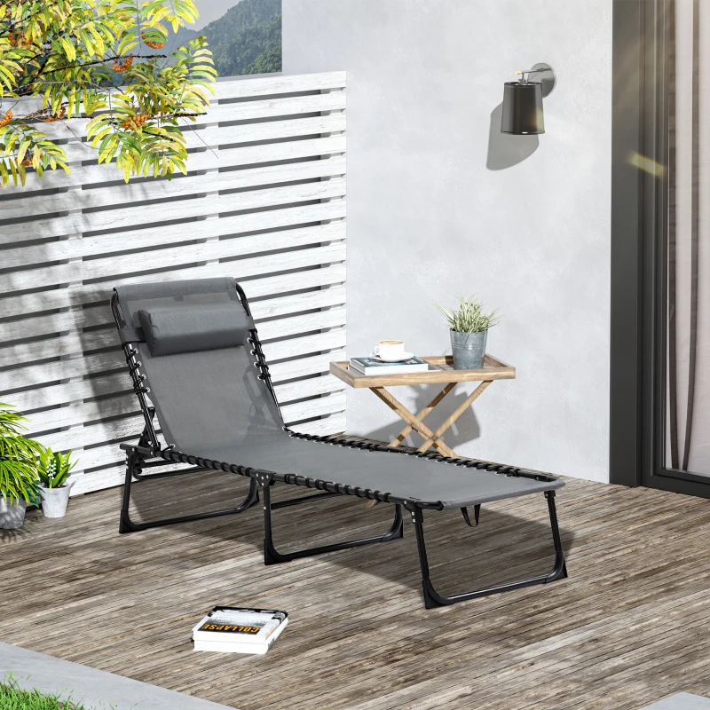 Outsunny Folding Sun Lounger, Relaxation Sunbed with 5-Level Reclining Backrest, Removable Headrest, Built-in Side Pocket, Textilene Coating, Steel, dim. 189x58x30cm, Gray