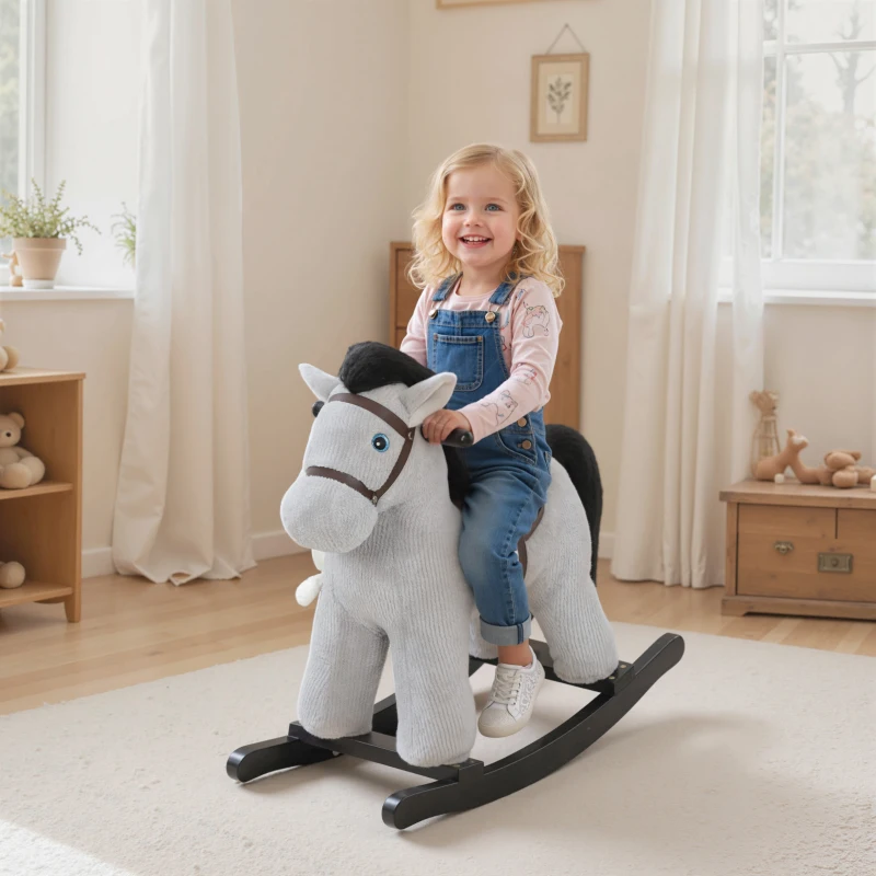 AIYAPLAY Cheval à bascule pour enfants, jouet à bascule bébé en peluche avec eouetffet sonore et poupée, 71 x 26 x 55 cm, gris