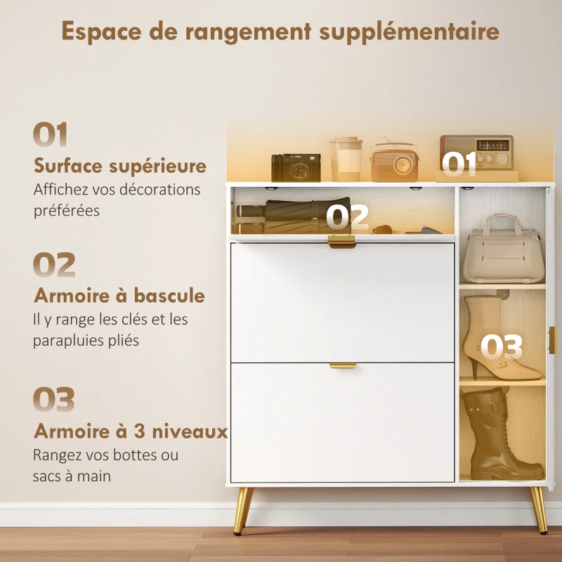 HOMCOM Meuble à chaussures 12 paires, armoire à chaussures, 2 tiroirs rabattables, 4 compartiments, 99,4x23,8x106,6cm, blanc