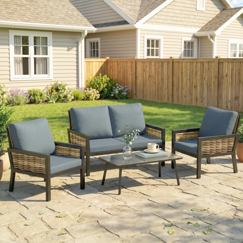 Outsunny 4 Seater Rattan Garden Furniture Set with 2 Armchairs, Loveseat, Coffee Table, Garden Sofa Set with Cushions, Grey