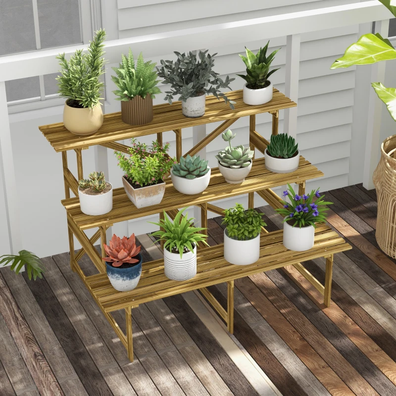Outsunny Plantenetagere bloementrap plantenrek bloemenbank standaard 3 trappen vurenhout