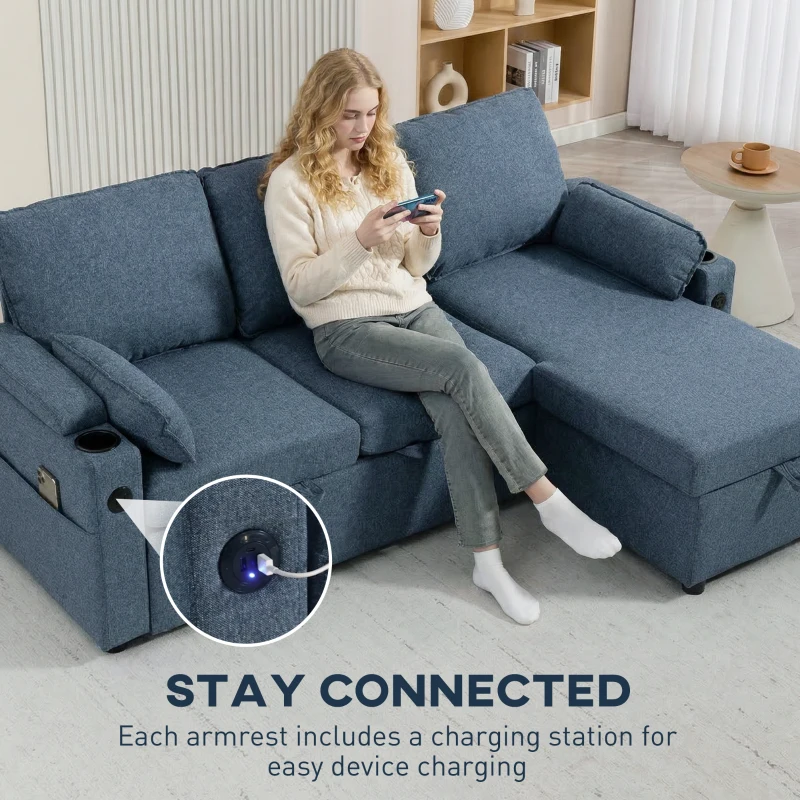 HOMCOM Corner Sofa Bed, L Shaped Sleeper Sectional Sofa with Reversible Storage Chaise, Blue