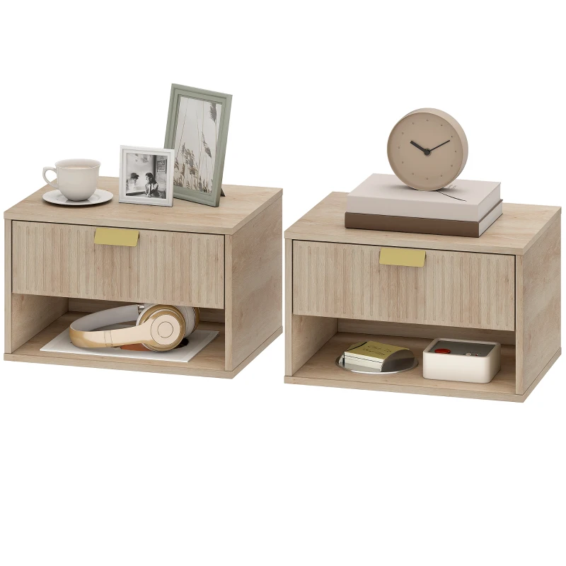 HOMCOM Set of 2 Wall Mounted Nightstands, Floating Bedside Tables with Fluted Drawer and Open Shelf for Small Bedroom, Oak