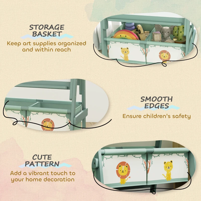 AIYAPLAY Dziecięca tablica 3-w-1 z tablicą kredową, białą tablicą, papierową rolką, 2 koszami, dla dzieci 3-8 lat, zielona