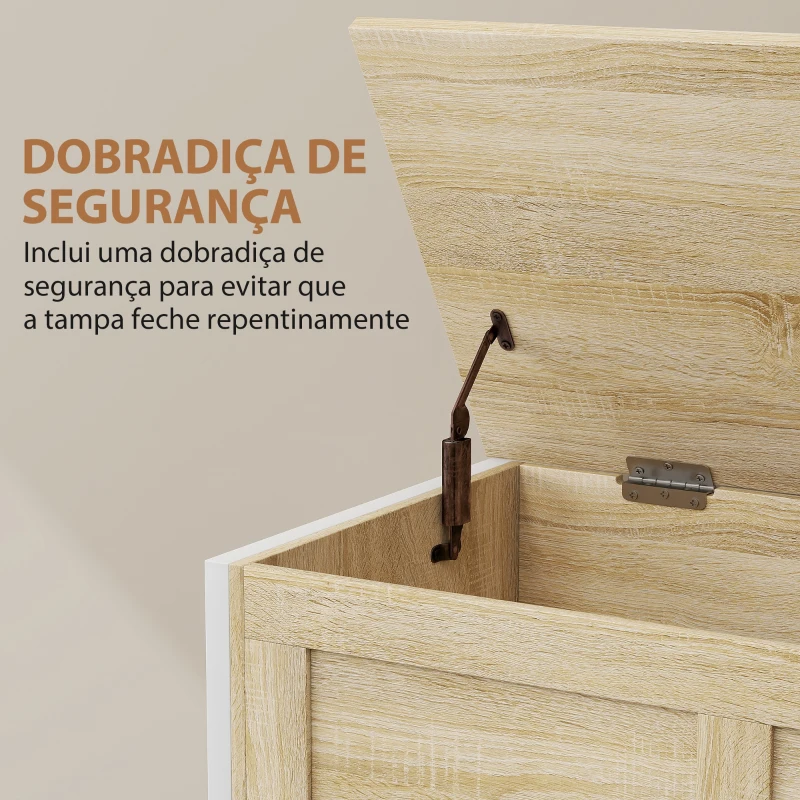 HOMCOM Baú de Armazenamento 95L Baú de Arrumação com Tampa Banco de Armazenamento com Dobradiça de Segurança 80x40x50 cm Madeira