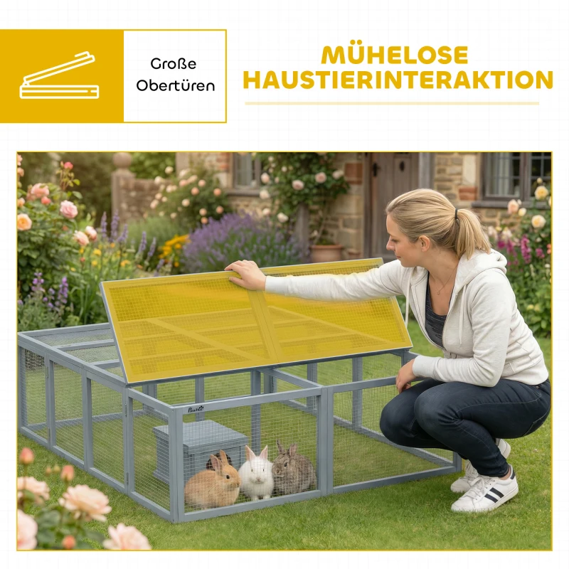 PawHut Freilaufgehege Kaninchenstall aus Holz mit 2 Türen Unterschlupfhaus für 2-4 Zwergkaninchen 180,4 x 150 x 48 cm Grau