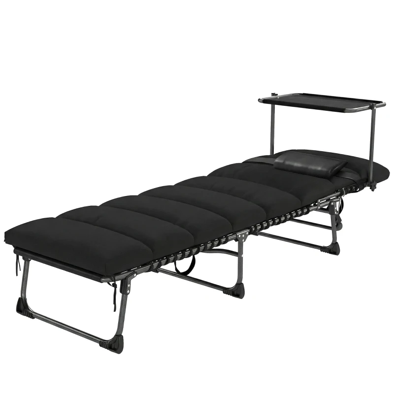 Outsunny Folding Sun Lounger with Canopy, Reclining Sunbed with Cushion, Side Pocket, Carrying Handle, Black