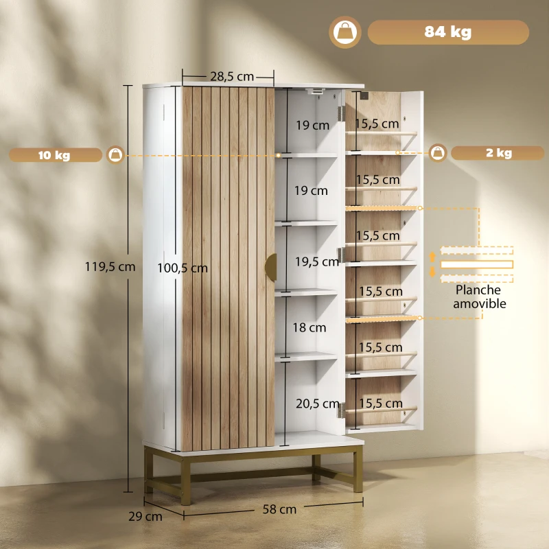 HOMCOM Armoire de cuisine meuble cuisine rangement avec 12 étagères à portes, étagères ajustables, 58x29x119,5cm, blanc(m-3)