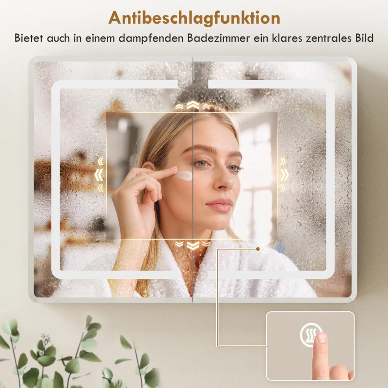 HOMCOM Spiegelkast voor de badkamer met LED-verlichting, 60 x 80 cm badkamerkast met anti-condens, 3-voudig dimbaar