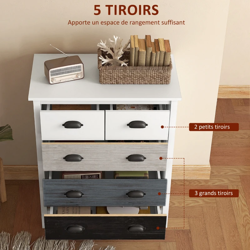 HOMCOM Commode 5 tiroirs meuble de rangement avec poignées, 70 x 38 x 85 cm, blanc