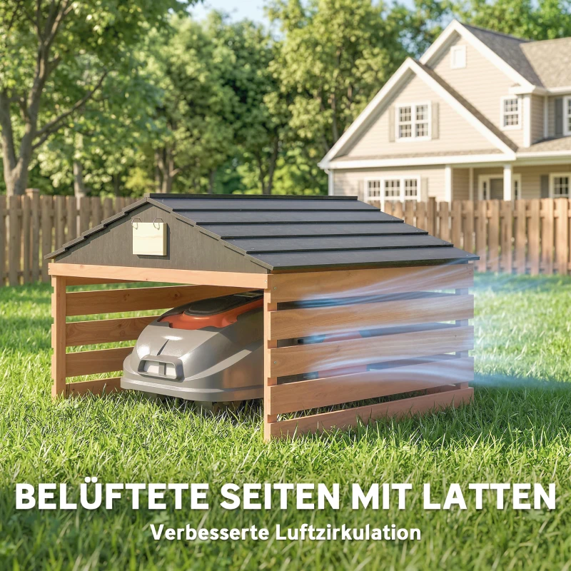 Outsunny Mähroboter Garage Holz Überdachung mit Satteldach wetterfest Garage für Rasenmäher Unterstand 79 x 74 x 54 cm Rotbraun