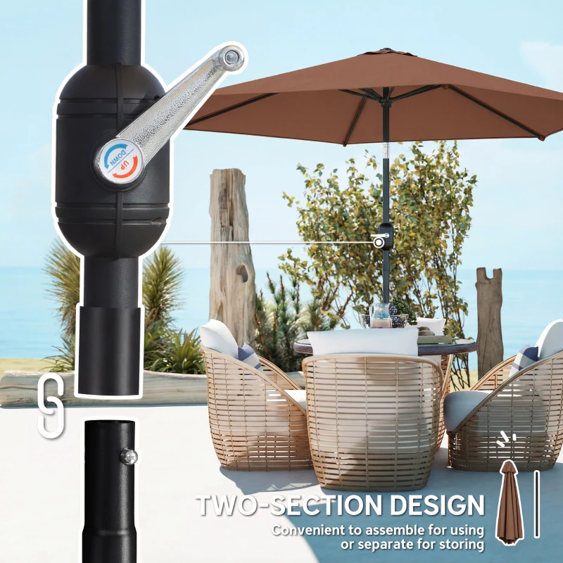 Outsunny 2.6 m Garden Parasol Umbrella with Aluminium Pole, Outdoor Patio Umbrella with Tilt and Crank, Vent, Coffee