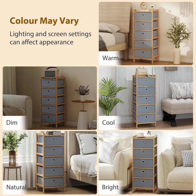 HOMCOM Chest of Drawers, 5 Fabric Drawers Narrow Dresser with Bamboo Frame, Light Grey