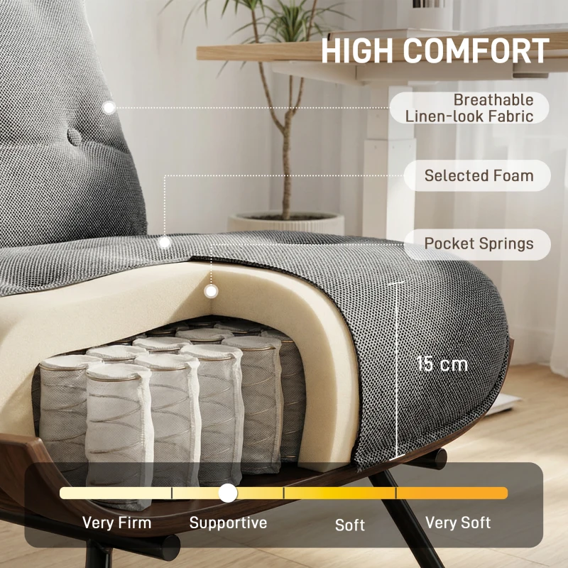 HOMCOM Accent Chair, Linen-look Fabric Reading Chair with Spring Cushion, Slatted Support, Steel Frame, Dark Grey