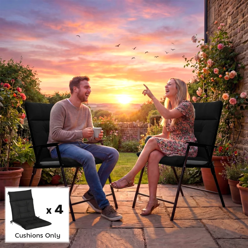 Outsunny Patio Chair Cushions Set of 4, Waterproof Non-Slip Lounge Chair Cushions, 112x53cm, Black