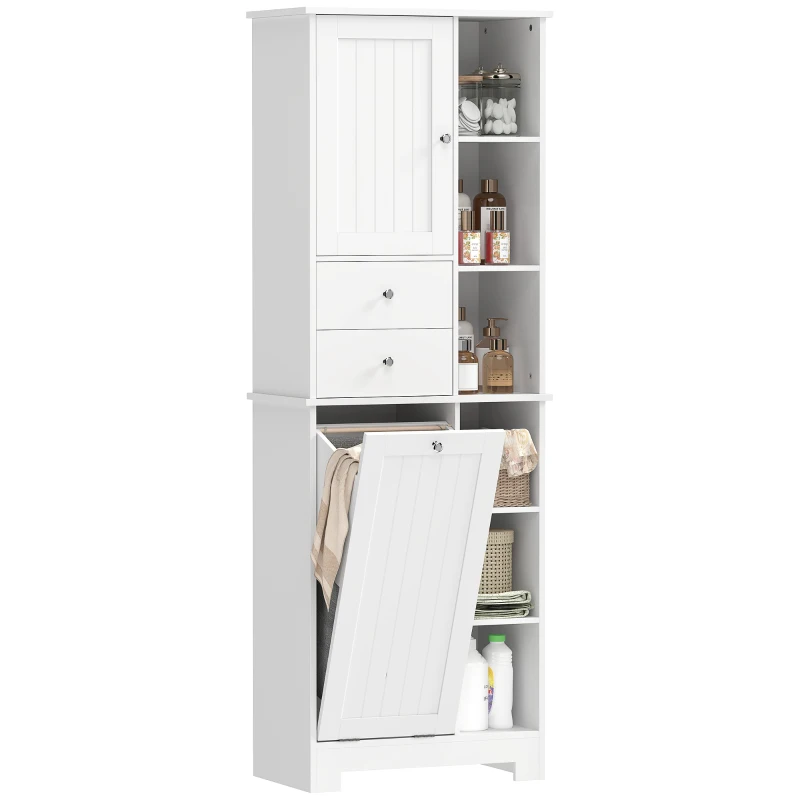 HOMCOM Armoire de Salle de Bains Blanche, Panier à Linge Basculant, Tiroirs