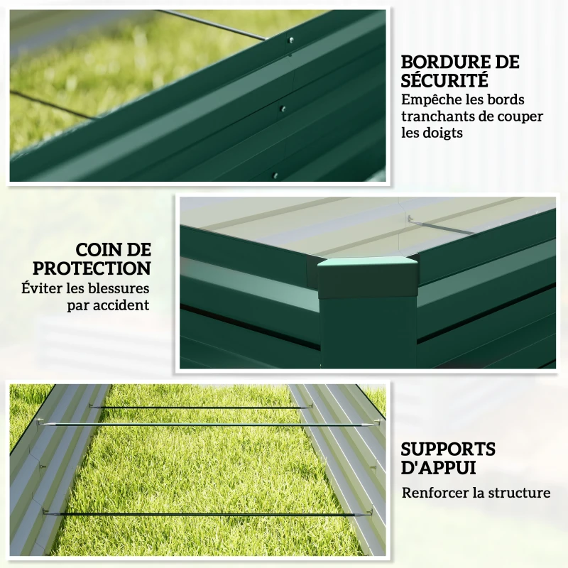 Outsunny Carré potager rectangulaire, lit de jardin surélevé en acier galvanisé, fond ouvert, 240 x 60 x 30 cm, vert