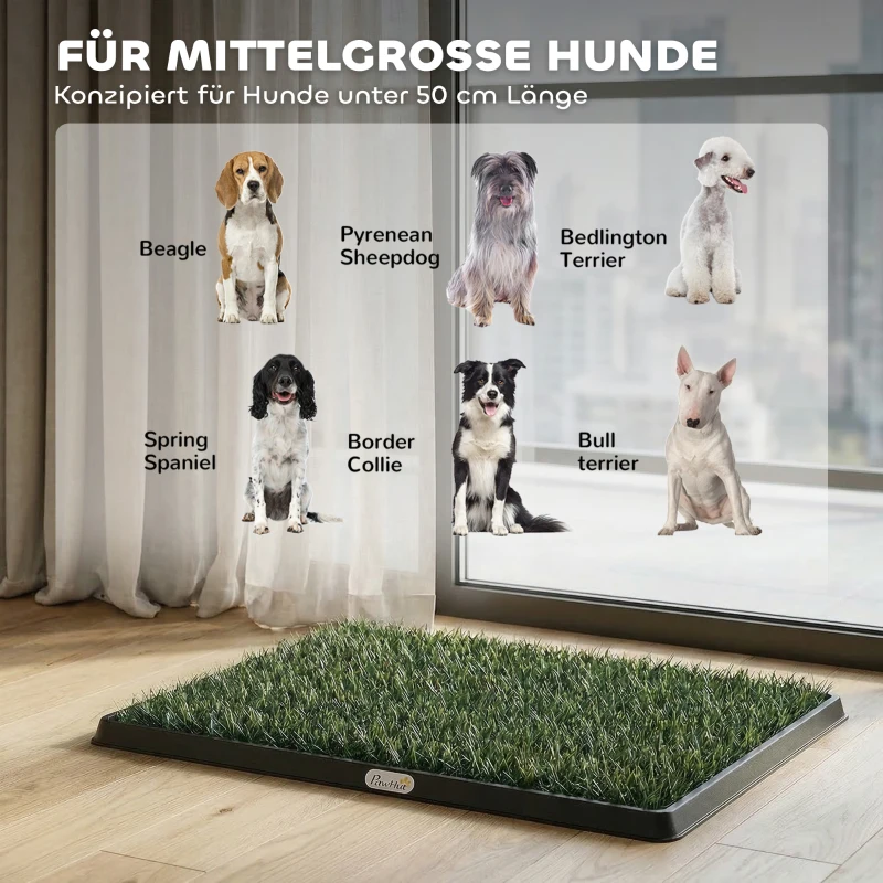 PawHut Hundetoilette 76 x 50,5 cm Hundeklo mit 2 Kunstrasen waschbar Welpentoilette für Hunde für Balkon Zuhause Schwarz+Grün