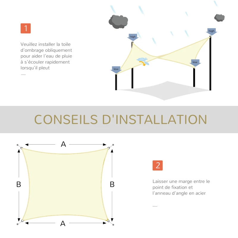 Outsunny Rectangular Shade Sail 3 x 4 m High-Density Polyethylene UV Protection With Storage Bag - Cream