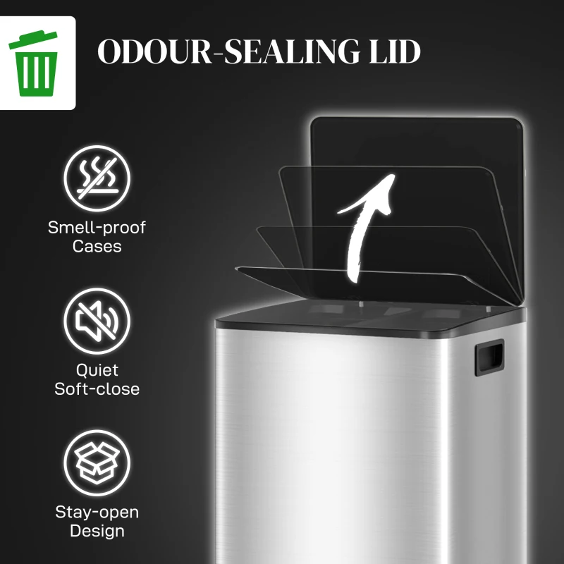 HOMCOM 40L Dual Compartment Stainless Steel Bin, with Deodoriser Holders - Silver Tone