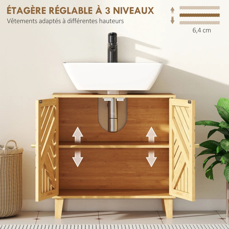 HOMCOM Meuble sous lavabo, meuble de salle de bain en bambou avec étagère réglable et portes à lattes 60 x 30 x 60 cm, naturel