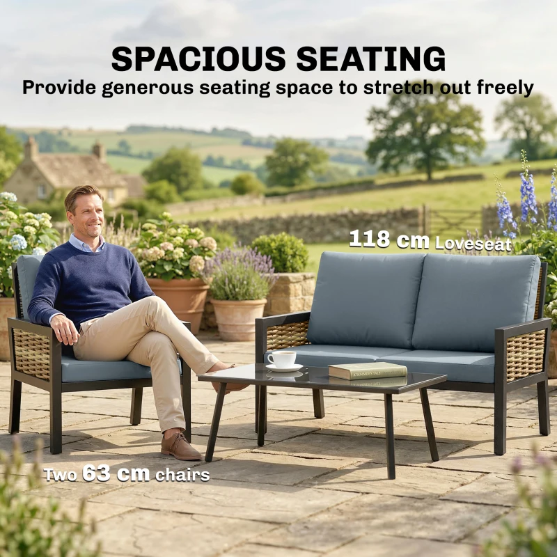 Outsunny 4 Seater Rattan Garden Furniture Set with 2 Armchairs, Loveseat, Coffee Table, Garden Sofa Set with Cushions, Grey