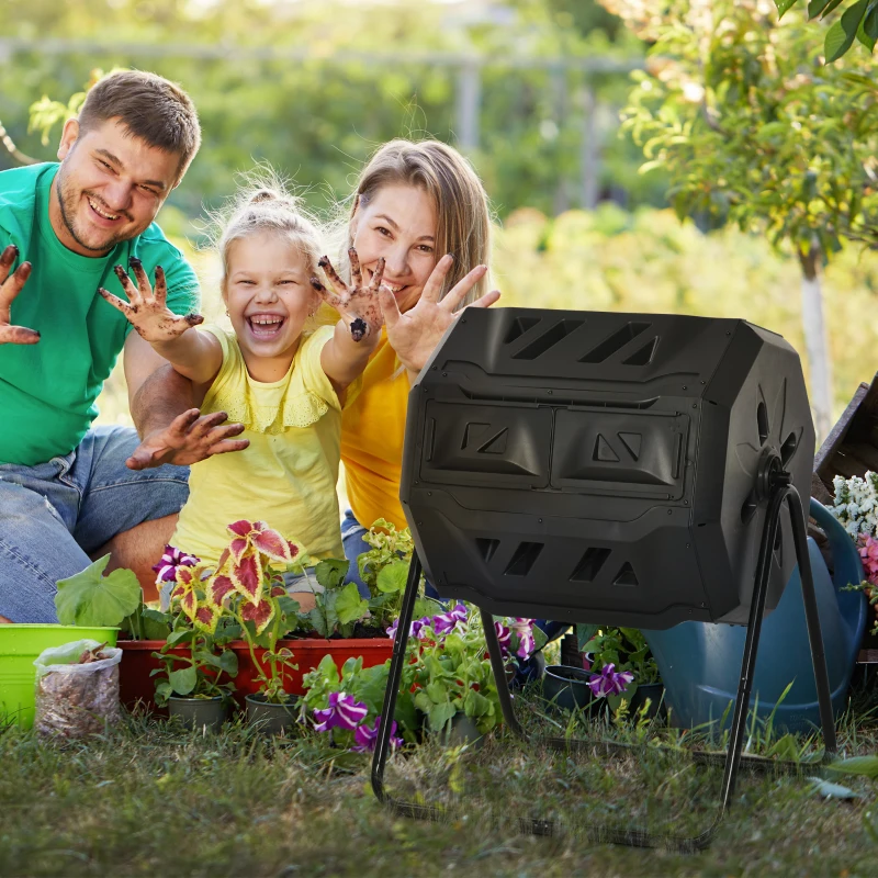 Outsunny Garden Composter - Compost Bin for Waste - 360° Rotating - Double Chamber 160 L - Black, PP & Epoxy Steel