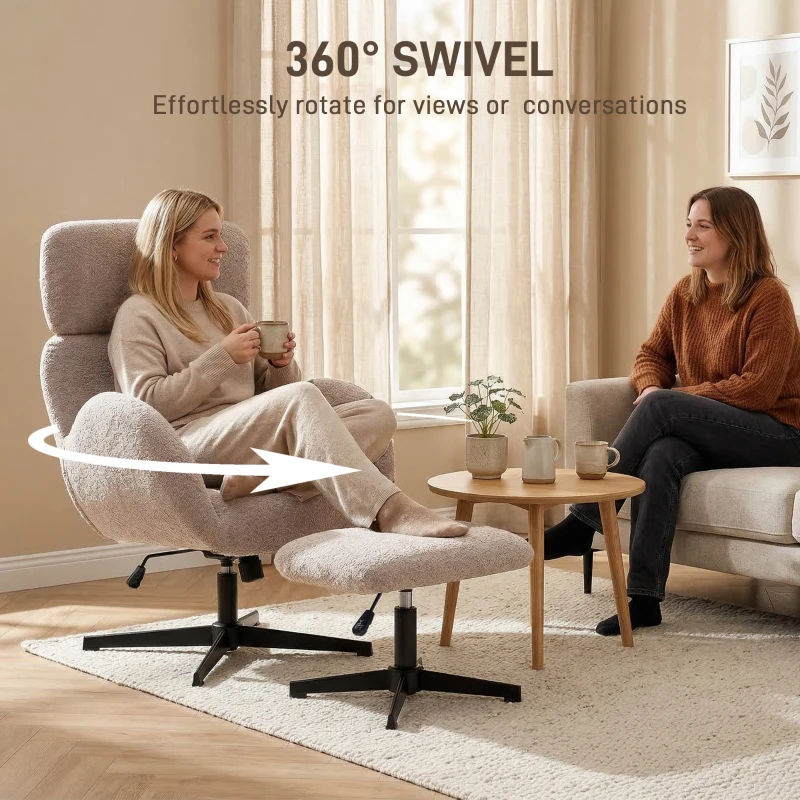 HOMCOM Swivel Armchair and Footstool Set, Height Adjustable Accent Chair with Adjustable Headrest, Rocking Function, Light Brown