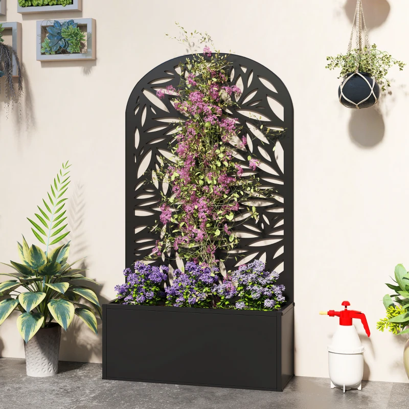 Outsunny Jardinière avec treillis, bac à fleurs en métal, à fixer au mur ou au sol, 61x23x113cm, noir
