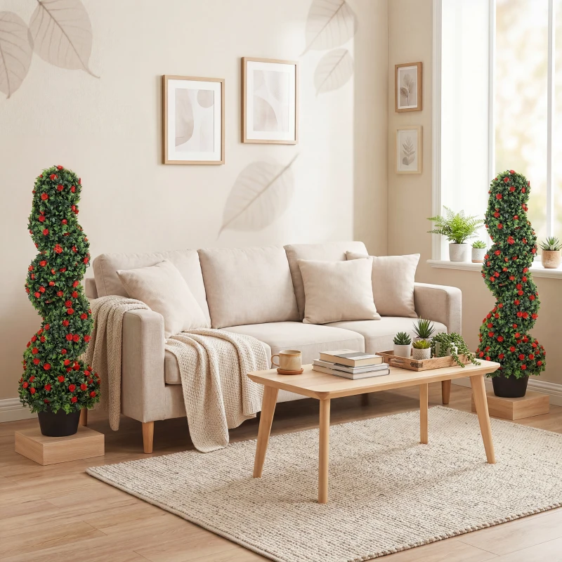 HOMCOM Artificial Rose Spiral Topiary Tree Set of 2, Indoor Outdoor Fake Plants with 630 Leaves, 90cm