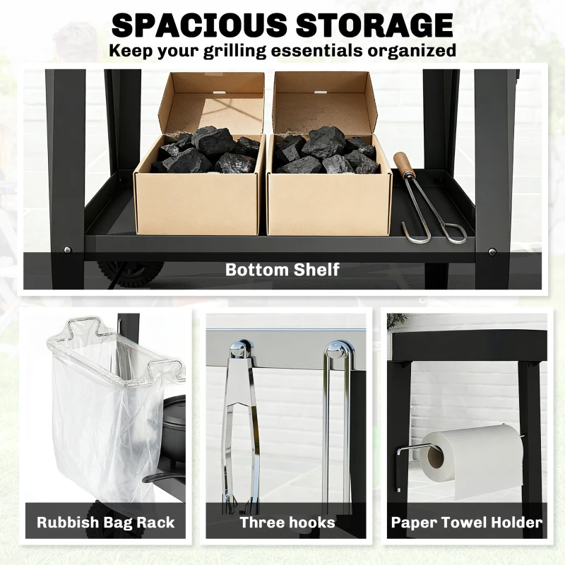 Outsunny Wózek kuchenny na kółkach, wózek serwisowy z haczykami, uchwytem na papierowe ręczniki, stojakiem na worki na śmieci, stal nierdzewna, 115 x 67,5 x 80,5 cm, czarny