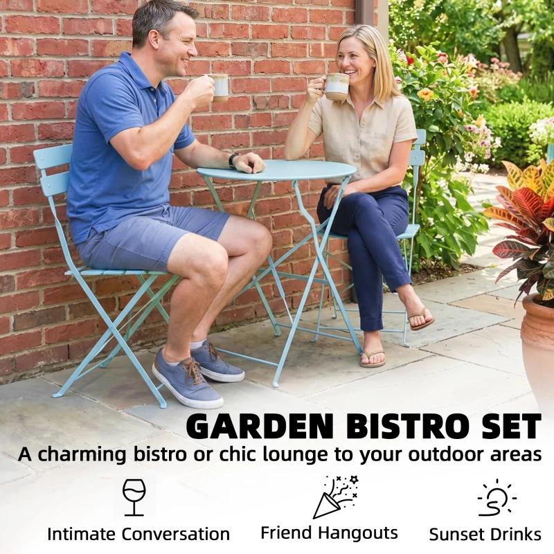 Outsunny Folding Garden Bistro Set, Outdoor Round Bistro Table and Chairs Set 2 with Electrophoresis Metal Frame, Light Blue
