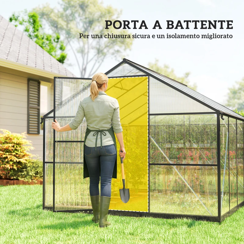 Outsunny Serra per Orto in PC e Alluminio con Porta a Battente e 2 Finestre Regolabili, 304x247x205 cm, Nero