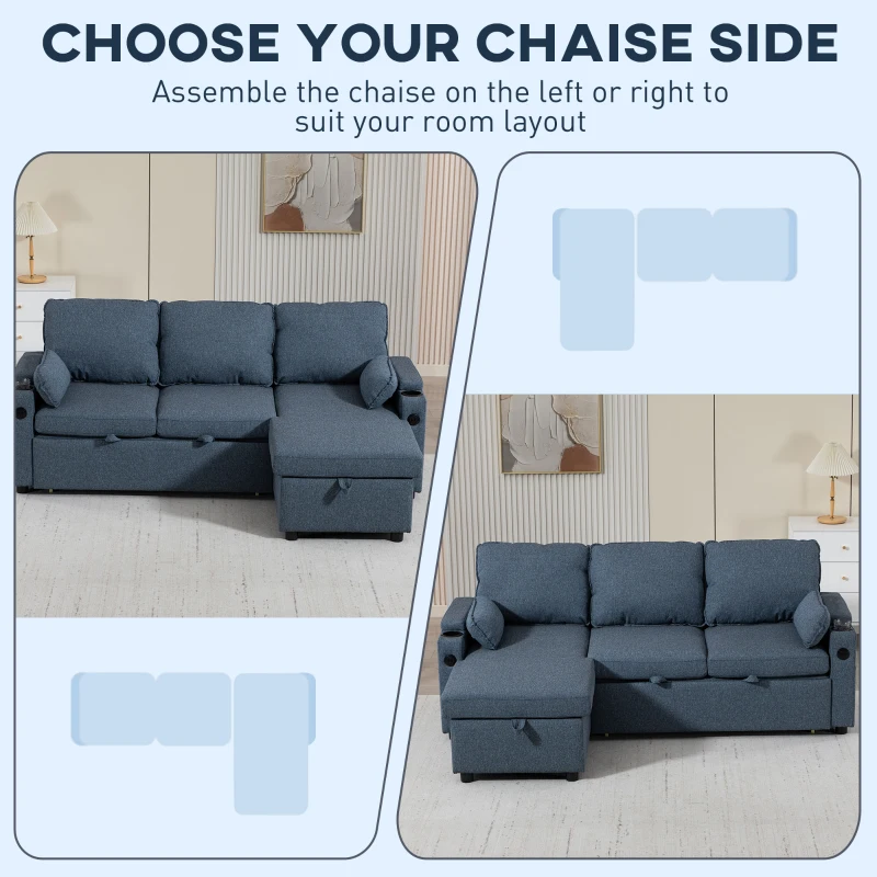 HOMCOM Corner Sofa Bed, L Shaped Sleeper Sectional Sofa with Reversible Storage Chaise, Blue