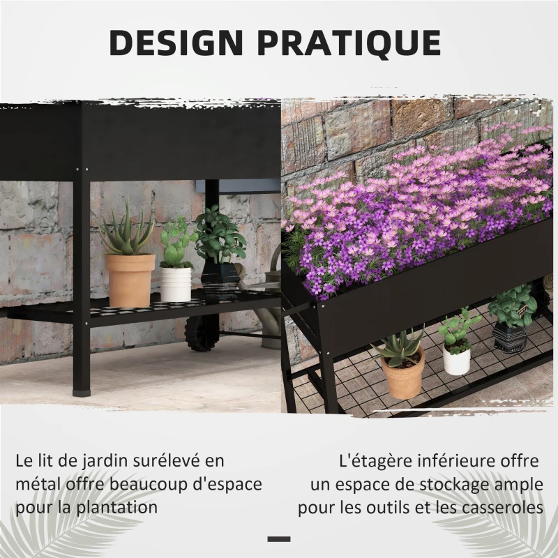 Outsunny Raised Garden Planter on Legs dim. 109L x 39l x 80H cm Shelf 2 Wheels + Irrigation Insert Metal Black