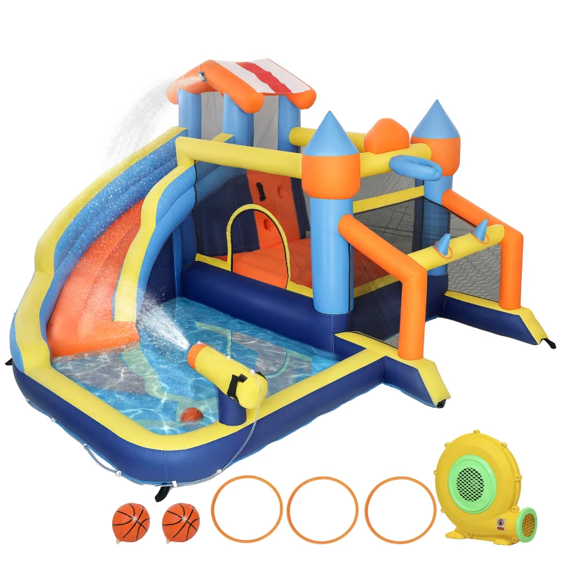 AIYAPLAY Château gonflable avec souffleur 8 en 1, parc aquatique, toboggan, trampoline, piscine à balles, multicolore