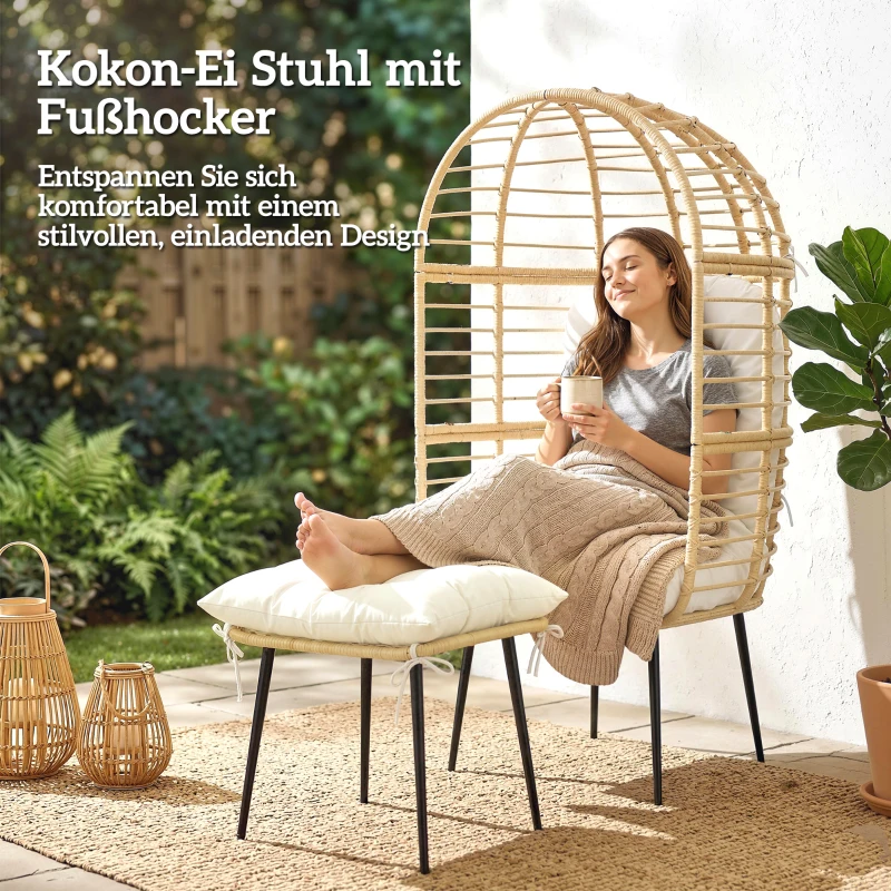 Outsunny Gartensessel mit Hocker PE Rattan Ei-Form Korbsessel mit langen & dicken Kissen Metallrahmen Beige