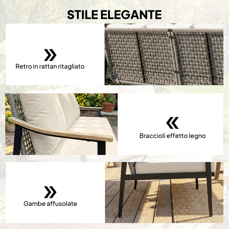 Outsunny Divano da Esterno a 3 Posti  in Rattan con Braccioli Effetto Legno e Schienale, per Veranda, Cortile, Cachi