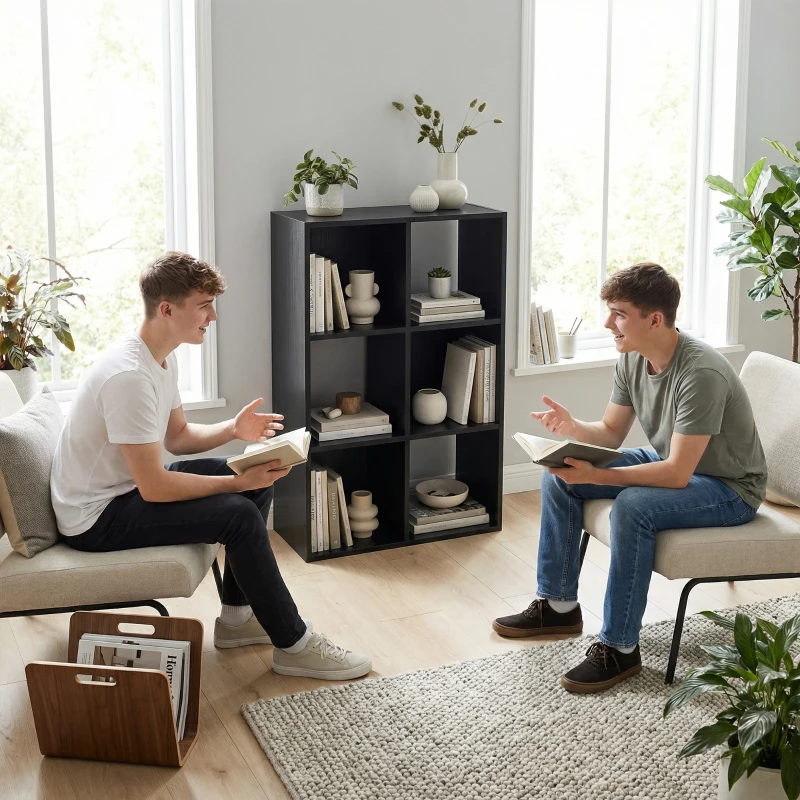 HOMCOM Industrial Style Storage Shelf, Bookcase, Bookshelf with 6 Compartments, for Living Room, Home Study, Black Wood Effect