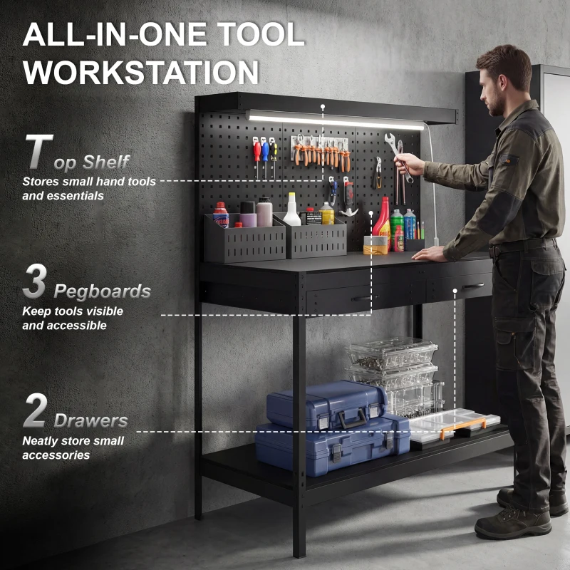 HOMCOM 110 cm Workbench with Pegboard, Heavy Duty Work Table with Power Strip and LED Light, Black