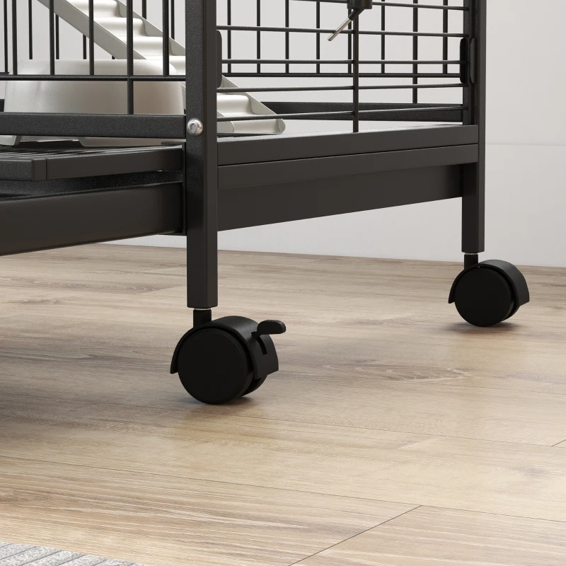 PawHut Small Animal Cage on Wheels, 3 Ramps & 3 Platforms, Food Dish & Water Bottle, Removable Bottom Tray for Rabbit, Ferret, Chinchilla, Steel & PP, 61.5x44x95cm, Black