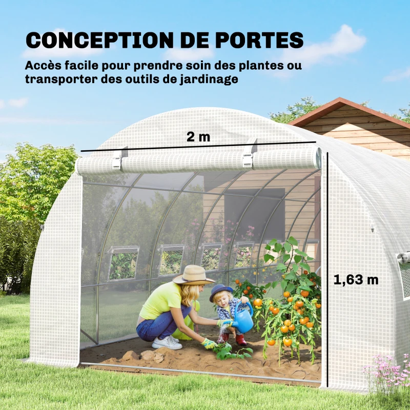 Outsunny Serre de jardin tunnel 24m² 8L x 3l x 2H m - 16 fenêtres, Porte zippée enroulable acier galvanisé, bâche PE, Blanc