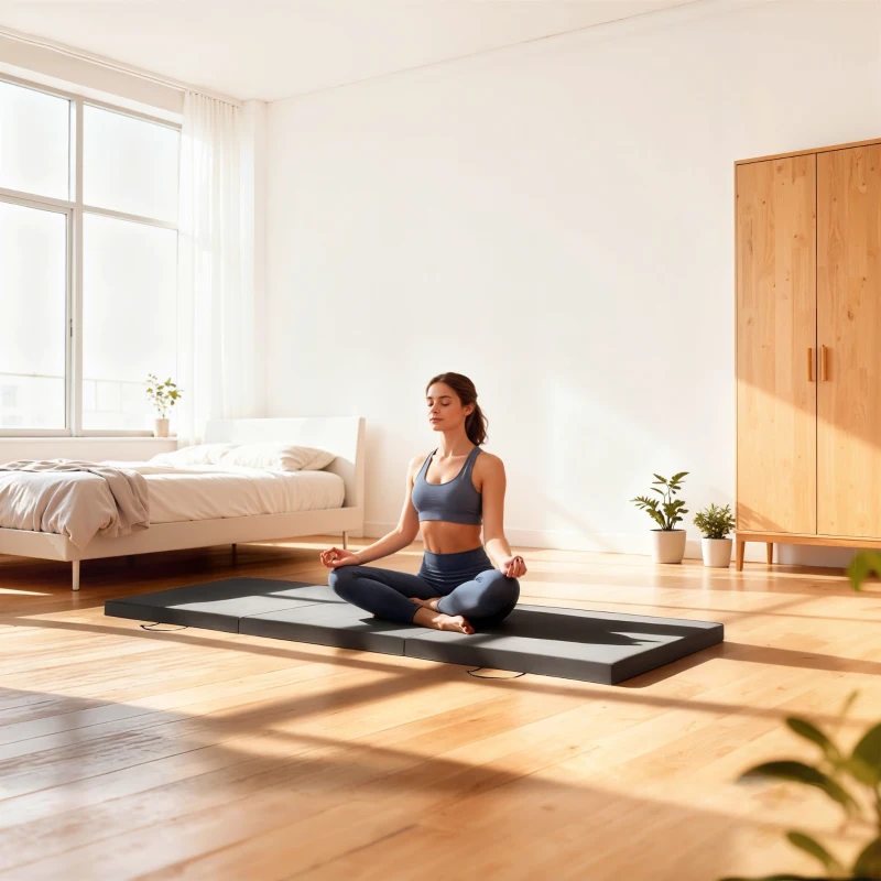 HOMCOM Tapis de gymnastique yoga pilates fitness pliable en 3 panneaux avec poignées revêtement synthétique 180 x 60 x 5cm gris