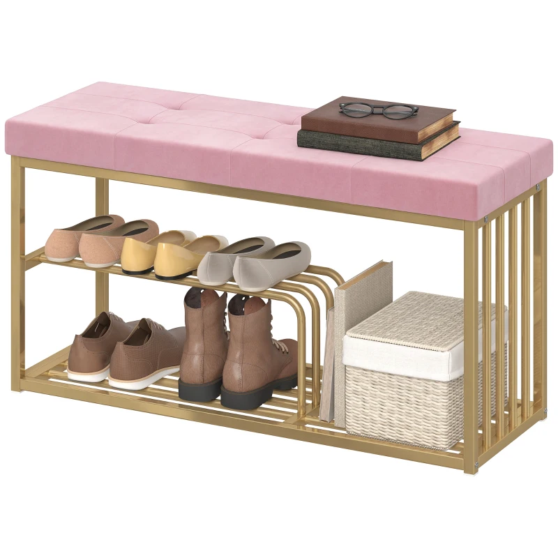 HOMCOM Bench and Shoe Storage, Tufted Shoe Storage Bench with Velvet Seat Cushion Gold Steel Frame for Entryway, Pink