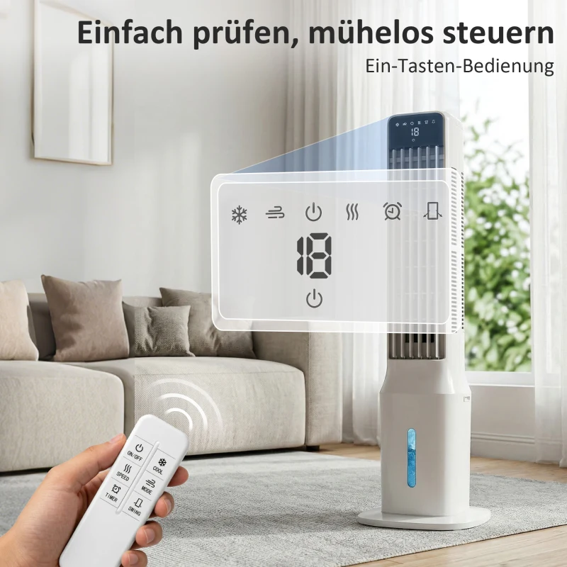 HOMCOM Tragbarer Luftkühler, 3-in-1 Verdunstungs-Luftkühler mit 9-Liter-Wassertank, 48° Oszillation, 3 Geschwindigkeiten, 3 Modi, Weiß