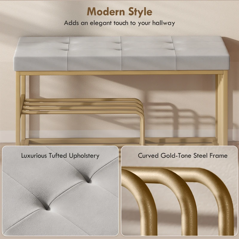 HOMCOM Bench and Shoe Storage, Tufted Shoe Storage Bench with Velvet Seat Cushion Gold Steel Frame for Entryway, Grey