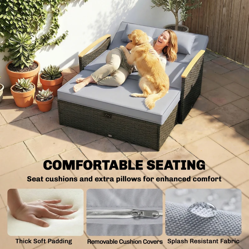 Outsunny Double Garden Rattan Daybed, Wicker Sun Bed Chaise Lounger with Storage Ottoman, 4-Level Adjustable Backrest, Dark Grey