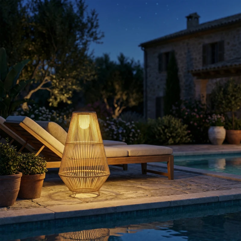 Outsunny Solar Stehlampe Rattan Solarlampen mit Lichtsensor LED Solarleuchte im Boho-Stil IP44 Wasserdicht