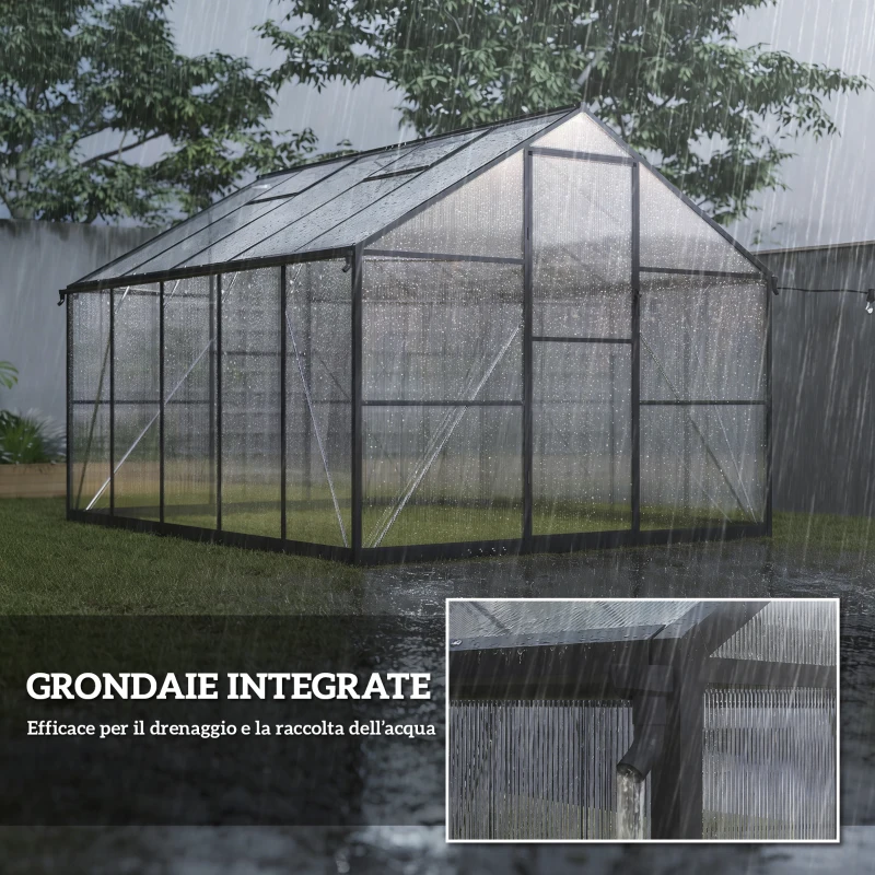 Outsunny Serra per Orto in PC e Alluminio con Porta a Battente e 2 Finestre Regolabili, 304x247x205 cm, Nero