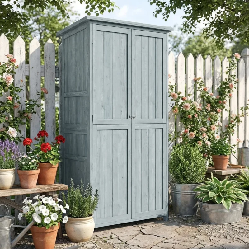 Outsunny Gartenschrank Holz wetterfest Geräteschuppen mit Doppeltür Magnetverschluss für Garten Terrrasse 85 x 54 x 170 cm Grau